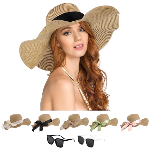 KOITHOT Woman Straw Hat Wide Brim UPF 50 Women Summer Sun Hats for Beach with Sun Glasses Ribbon Khaki