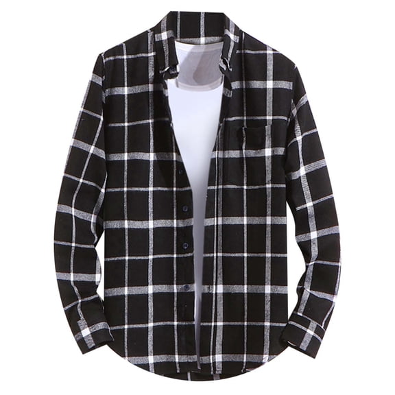 Mens Plaid Shirt Slim Fit Long Sleeve Shirt Button Turn Down Collar Casual Lightweight Top for Spring Fall Black L