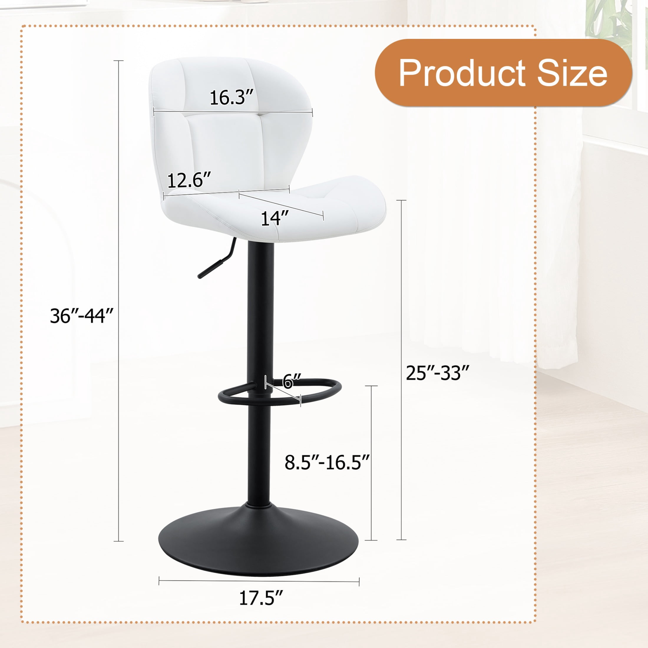 Bar Stools Set of 2, White PU Leather Upholstered Adjustable Swivel Barstools, Adjustable Height Bar Chairs with Black Metal Base & Footrest for Kitchen Island, Pub, Bar