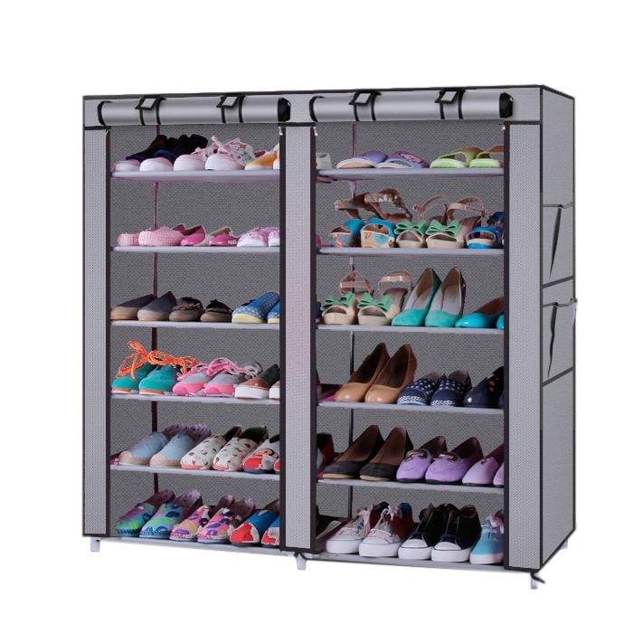 7 Tier Portable Boot Rack Double Row Shoe Rack Covered w/ Non woven Fabric Black 