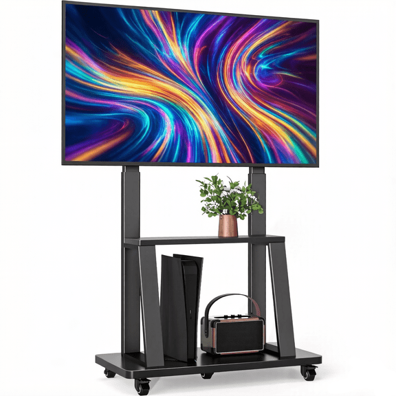 Mobile TV Cart for 40-86 Inch TVs, Adjustable Mount & Wood Shelves, Holds 200 lbs