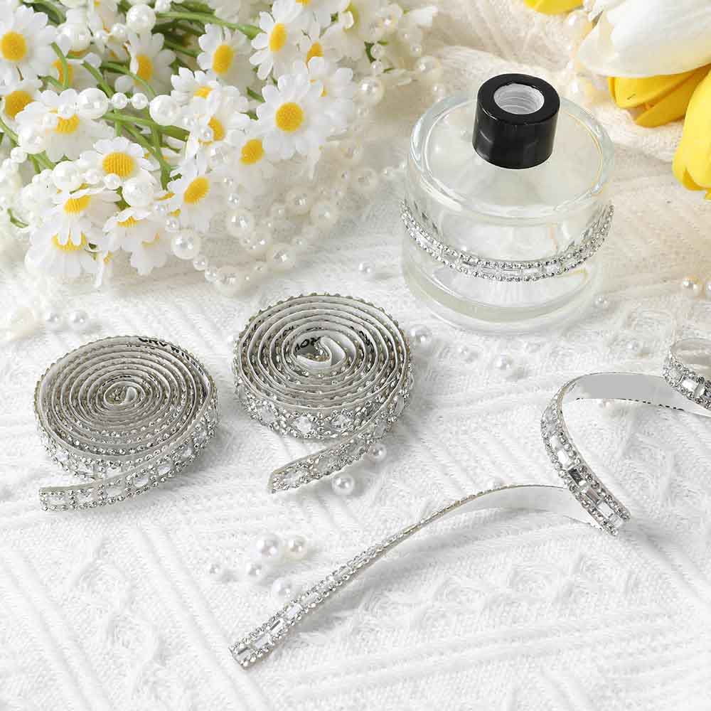 Rhinestone Ribbons Self Adhesive Bling Crystal Strips, Glitter Rhinestones Tape Trim, Diamond Belt Gem Stickers Ribbon for DIY Art Crafts Clothing Decor (Silver)