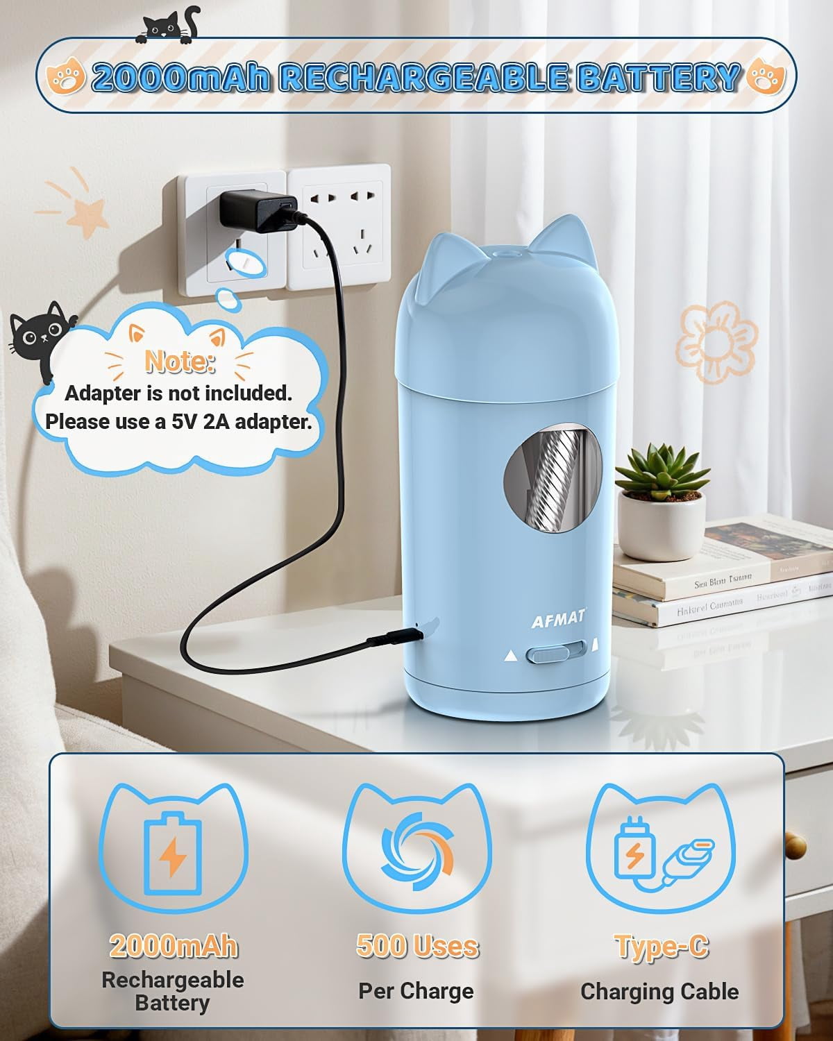 AFMAT Electric Pencil Sharpener, Fully Automatic Pencil Sharpener, Auto in & Out, for φ7-8mm No.2/Colored Pencils, Rechargeable & Cordless, Cute Cat Pencil Sharpeners for Classroom Home