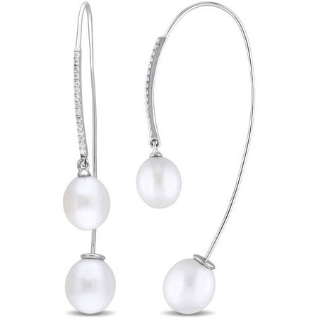 Miabella 8-10mm White Round Cultured Freshwater Pearl and 3/5 Carat T.G.W. White Topaz Sterling Silver Threader Earrings