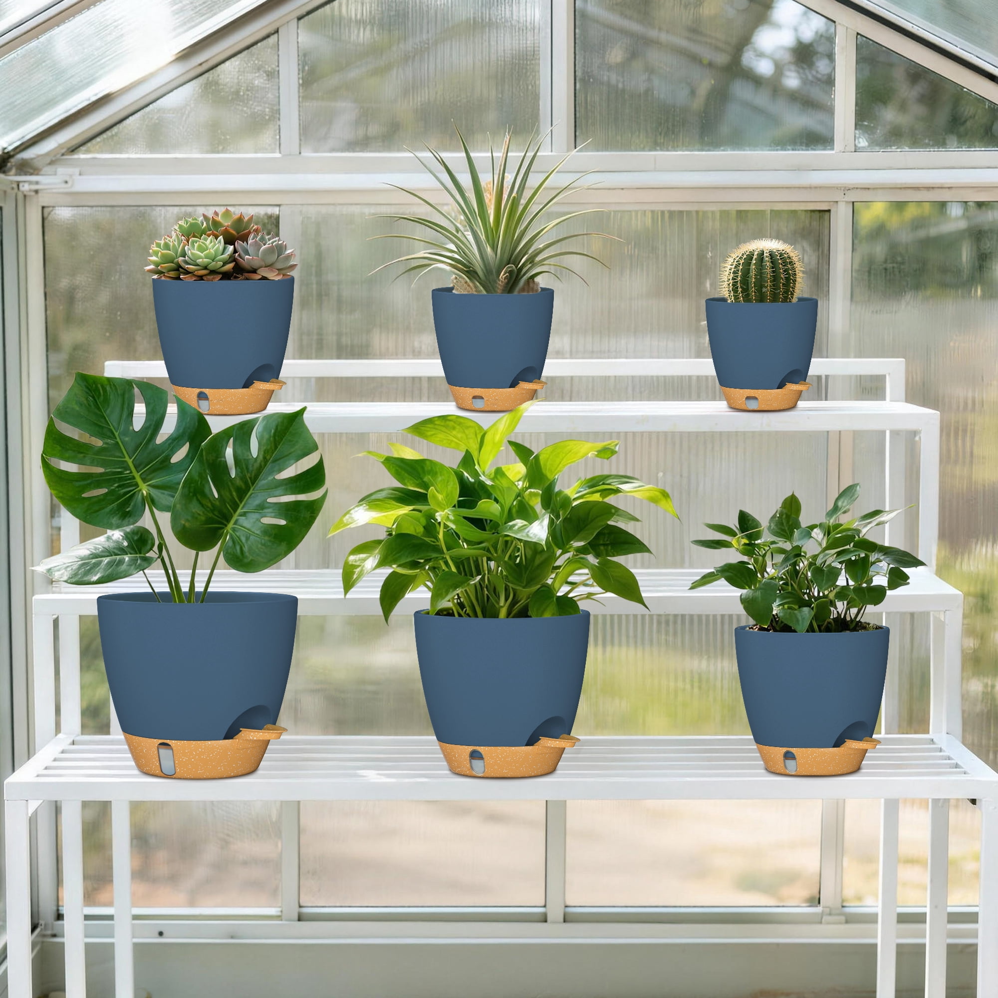FIASON 6 Pack Self Watering Plant Pots, 5/5.5/6/6.5/7/8 Inch Blue with Brown Flower Planters with Watering Lip, Drainage Holes & Removable Saucer for Indoor Outdoor Garden House Plants