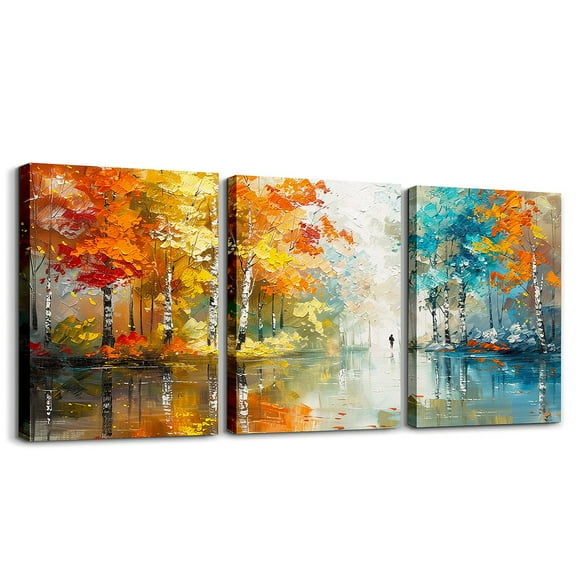 Colorful Trees Natural Theme Canvas Wall Art Lake forest Nature Paintings Pictures for Living Room, Oil Paintings Artwork Textured Wall Art for Bathroom Office