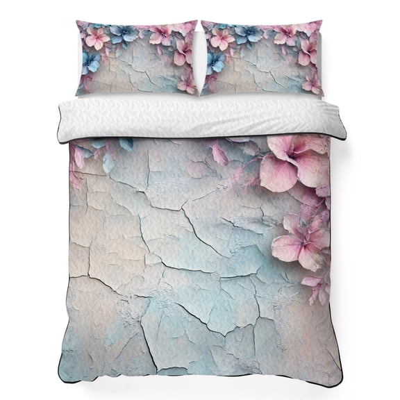 King Quilt Set, Blossom Flower Retro Mottled Wall Lightweight Quilt Sets Summer Comforter Coverlets with 2 Pillow Shams, Watercolor Pink Blue Floral Breathable 3 Piece Bedding Set for All Seasons