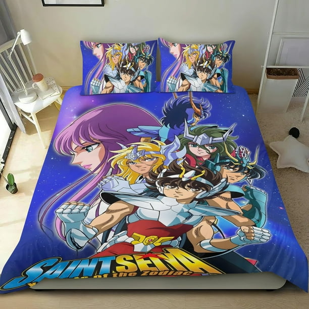 Los Caballeros del Zodiaco Conjunto de sábanas temático, trío de piezas, cómodo y amigable con la piel, diseño único, regalo de decoración para el hogar para familiares, amigos y fans,135cm *200cm