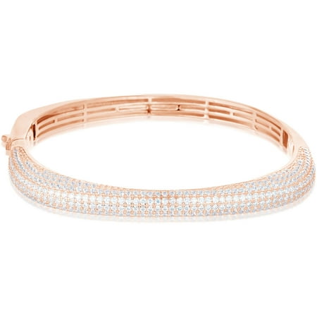 Women's Sterling Silver Rose Gold-Plated Square Hinge Bangle with Pave Cubic Zirconia