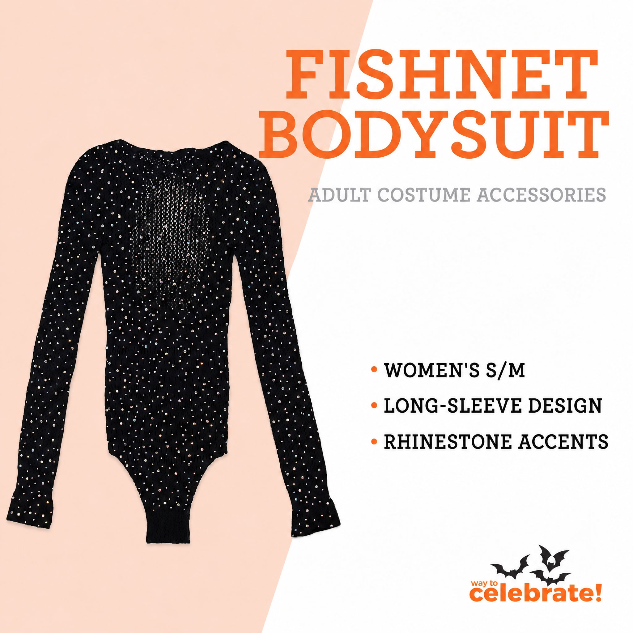 Fishnet Bodysuit Costume Accessory for Adults, Black, S/M, Halloween by Way To Celebrate