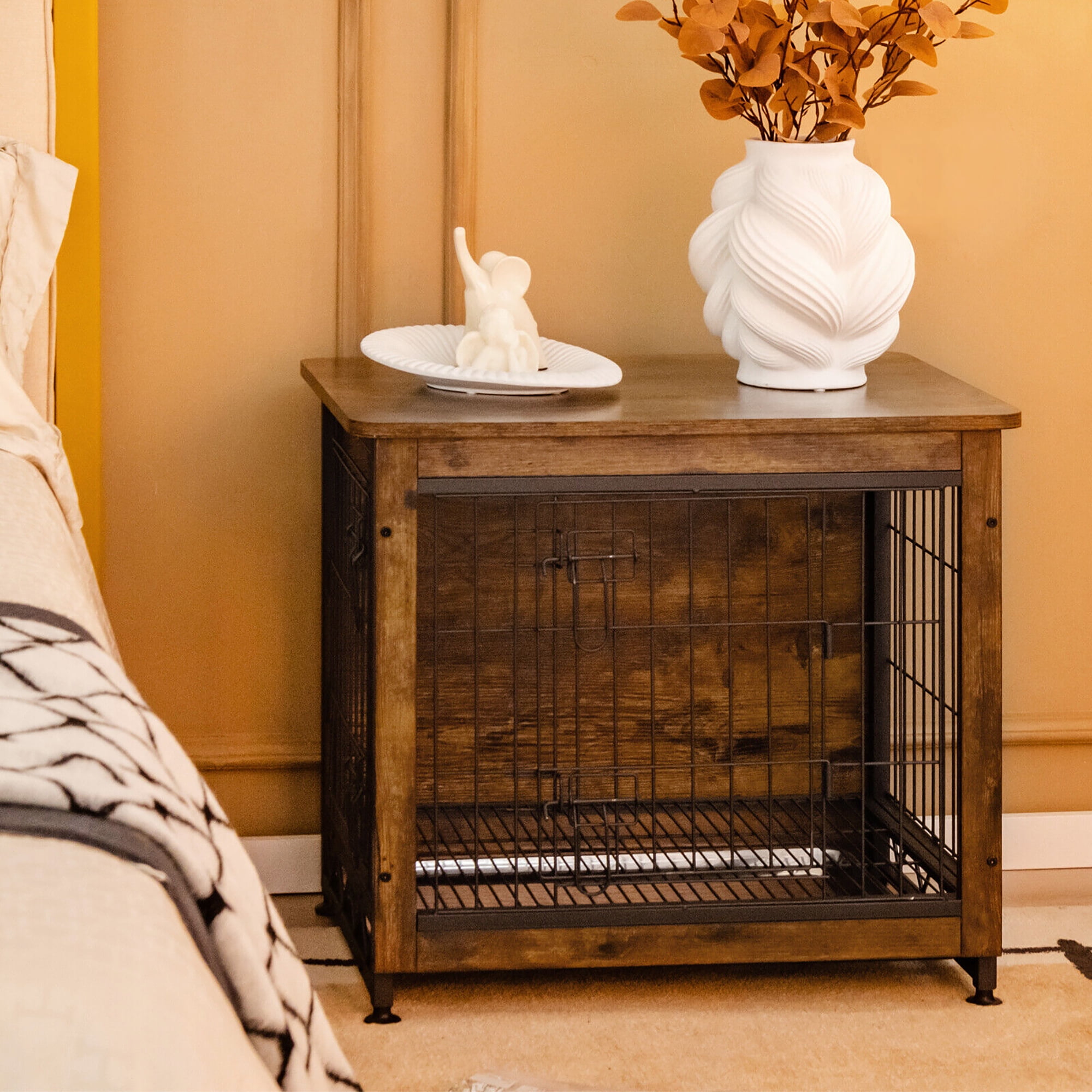 Gymax Wooden Dog Crate Furniture with Tray Double Door Dog Kennels End Table Walmart