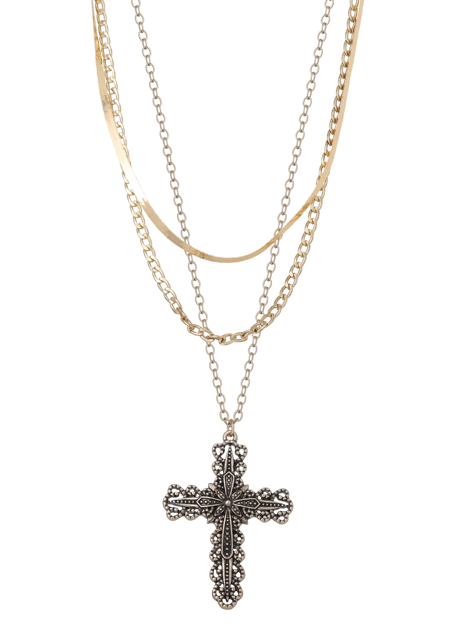 Jessica Simpson Women's Gold-Tone Layered Cross Necklace with Snake Chain and Link Chain