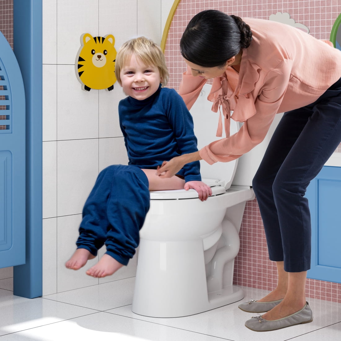 17 inch Toddler Toilet Seat with Potty Training Seat Round, 2 in 1 Toilet Seat for Family Built-in Baby Seat Removable, Soft Close + Easy Clean, PP Safe Material, White