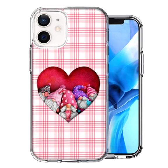 MUNDAZE for Apple iPhone 11 Valentine's Day Garden Gnomes Heart Love Pink Plaid Double Layer Phone Case Cover