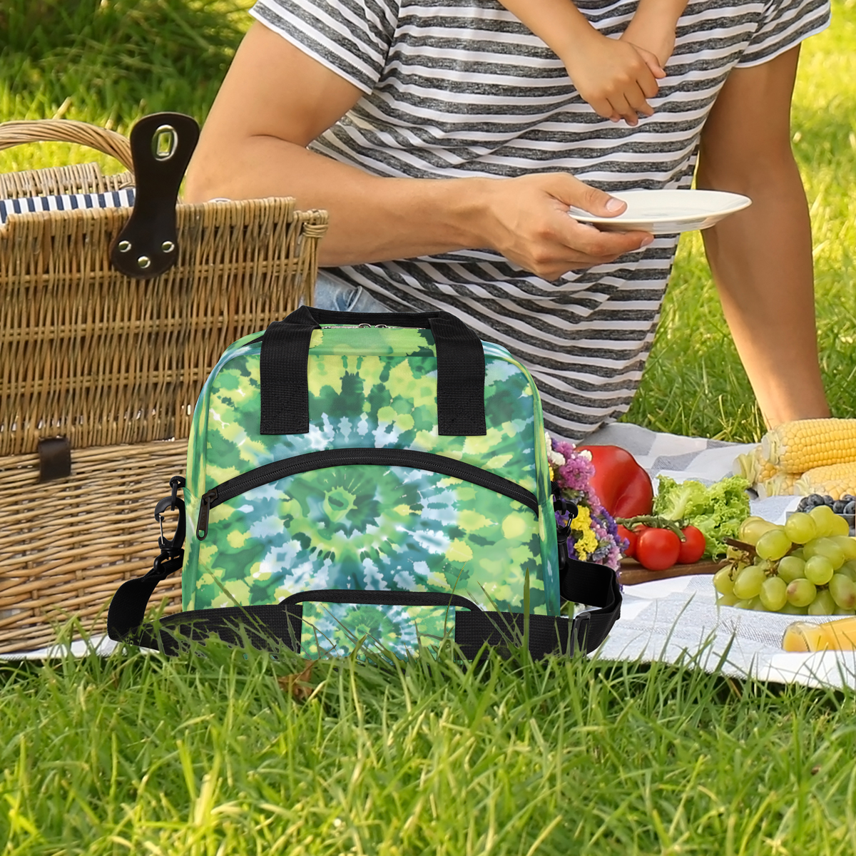 Herdesigns Tie Dye Green Insulated Lunch Bag for Women Men Adults Large Reusable Lunch Box Leakproof Portable Cooler Tote Bags with Adjustable Shoulder Strap
