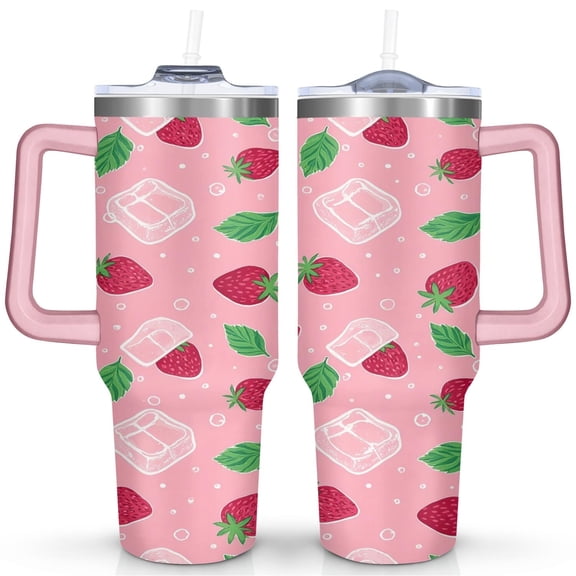 Strawberry Cute 40 Oz Tumbler with Handle Lid and Straw, Stainless Steel Double Walled Vacuum Insulated Cup, Cute Anniversary Wedding Birthday Gifts Tumbler for Women Men Friends Outdoor Indoor