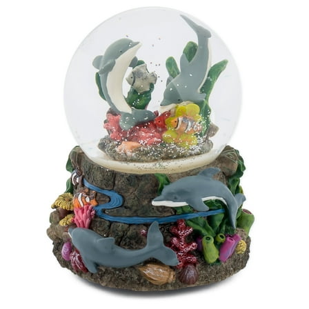 Dolphin World Coral Reef 100MM Music Water Globe Plays Tune Somewhere Out There