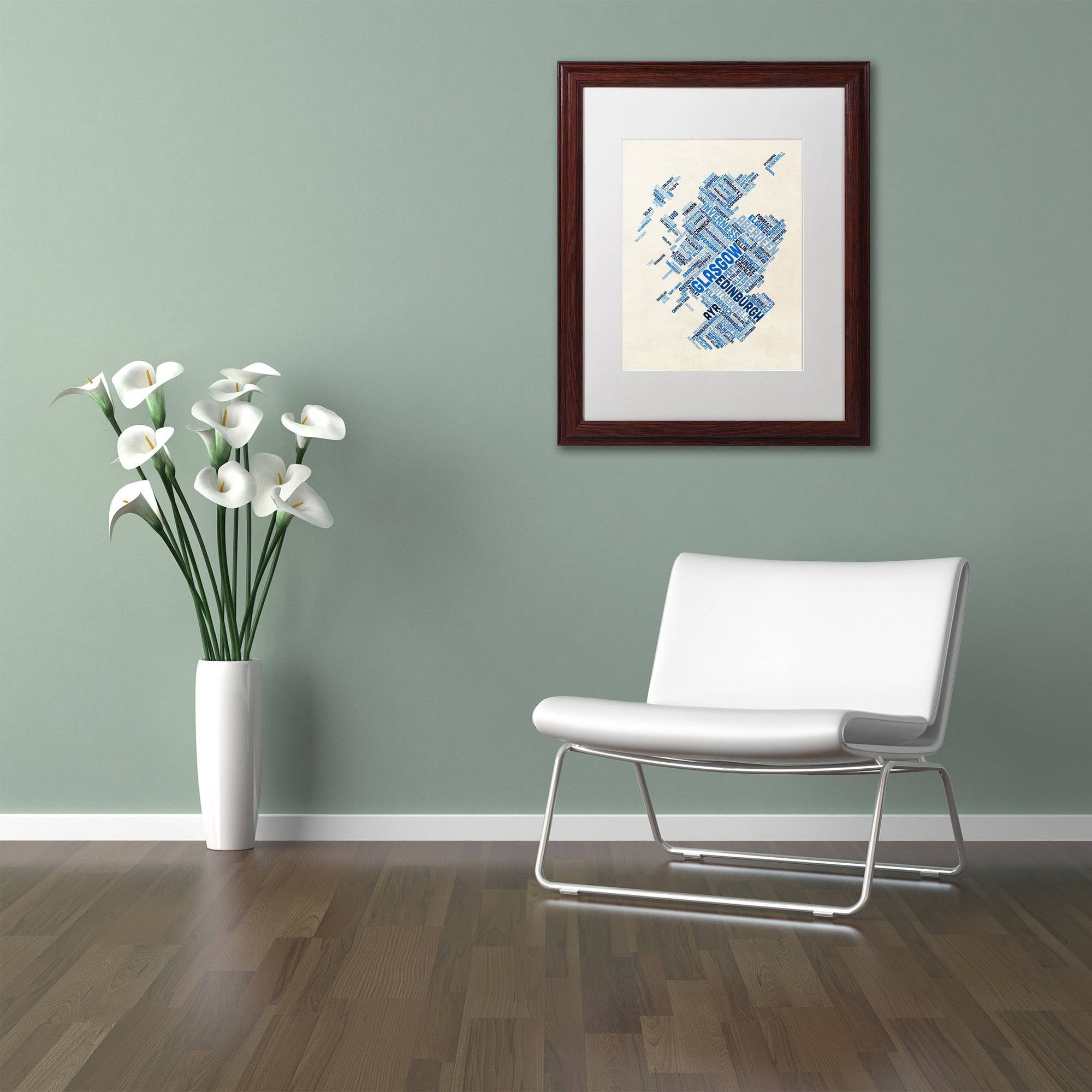 Trademark Fine Art "Scotland Typography Text Map 5" Canvas Art by Michael Tompsett, White Matte, Wood Frame