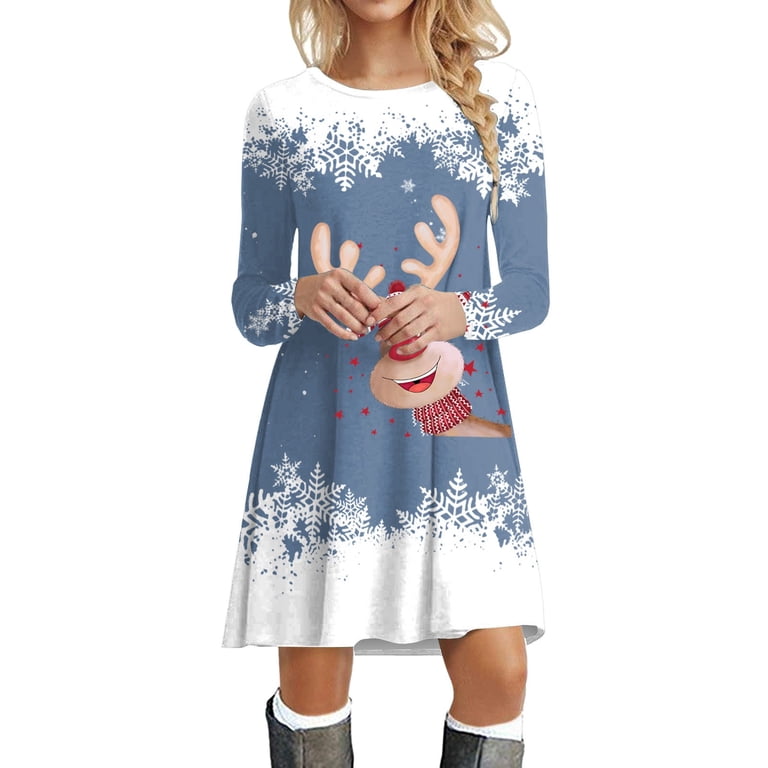 winter holiday dresses 2023 for Women 2025 Elegant Classy, Casual Summer Dresses for Women,Women's Fashion Casual Christmas Party Dress Long Sleeve Round Neck Snowflake Print Elegant Comfortable Stylish smocked-dress