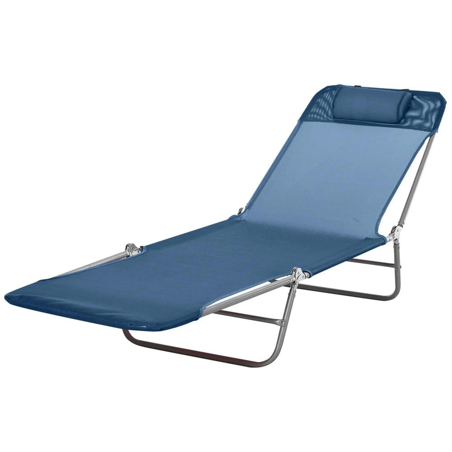 Demi Bonn Outdoor Folding Chaise Lounge with Reclining Back, Mesh Seat, Headrest for Pool, Beach, Yard, Patio, Sun Tanning, Blue