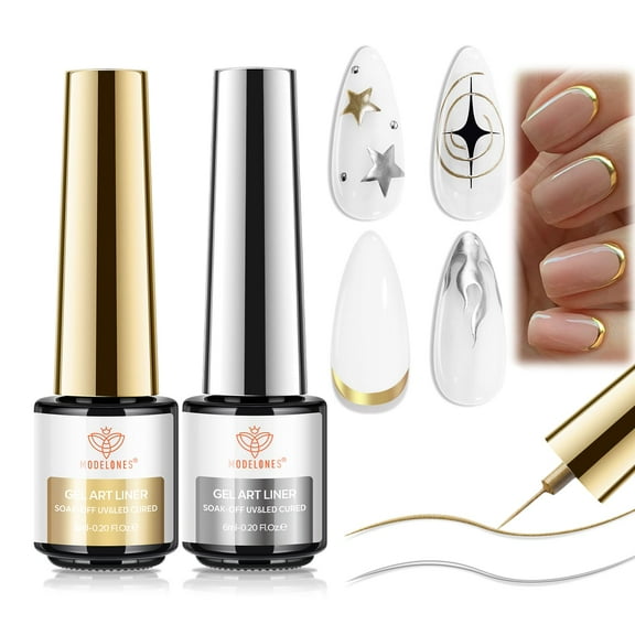 modelones Metallic Gold Silver Gel Liner Nail Polish 2 Pcs Chrome Mirror 3D Effect Nail Art Polish Bronze Thin Brush For Swirl Soak Off French Tip DIY Salon Nail Glue Manicure Gift For Women Girls