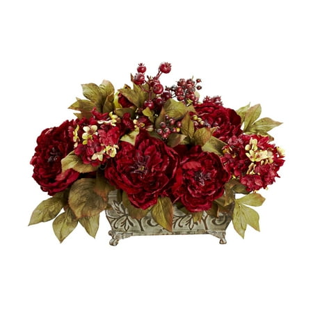 Nearly Natural Peony & Hydrangea Silk Arrangement - Red Nearly Natural Peony & Hydrangea Silk Arrangement - Red Provide a warm welcome to the holiday season with this beautiful Peony / Hydrangea arrangement. Bursting blooms of red are surrounded by gold-hued leaves  which provide the perfect backdrop. Lush berries and a stately planter add to the festive look  which will stay fresh year round with nary a drop of water. Makes a great centerpiece. Height: 18    Width: 19    Depth: 13  . Category: Silk Arrangement. Color: Red. Pot Size: W: 10.75 in  H: 5 in  D: 5.75 in Brand: Nearly Natural Model Number: 1368-4929Shipping Details