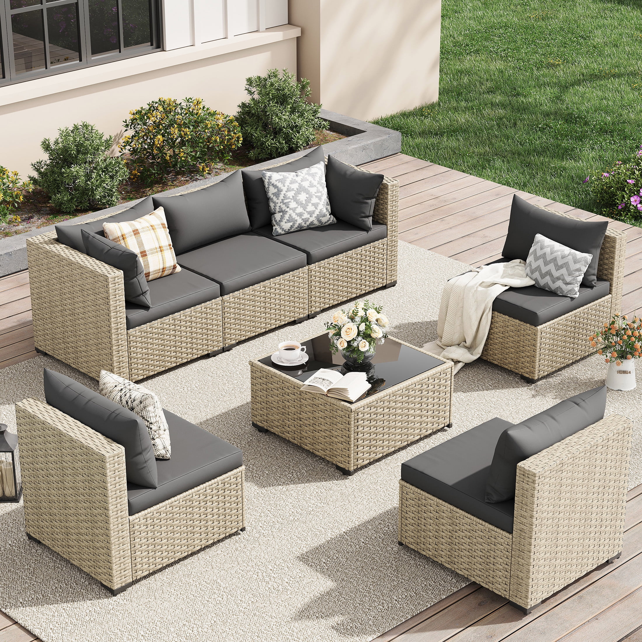 UDPATIO Patio Furniture Sets, Modular Rattan Outdoor Patio Sectional Furniture Sofa Set, Wicker Patio Conversation Set for Backyard