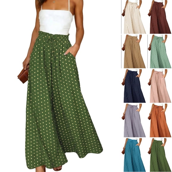 KDDYLITQ Pants for Women High Elastic Waisted Drawstring Polka Dots Flowy Boho Trousers Wide Leg Fall Vocation Cute Athletic Business Bottoms with Pockets Army Green 2XL