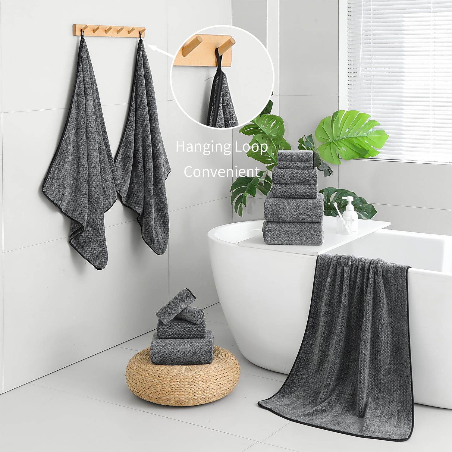 Kebury Bath Towels Set of 8, 2 Large Bath Sheets, 2 Hand Towels, 4 Washclothes, Soft Microfiber Shower Towel Quick Dry High Absorbent Family Hotel Bathroom Towel Set Collection (Black)