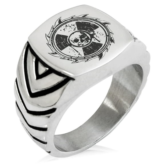 Stainless Steel Radioactive Sawblade Skull Chevron Pattern Biker Style Polished Ring
