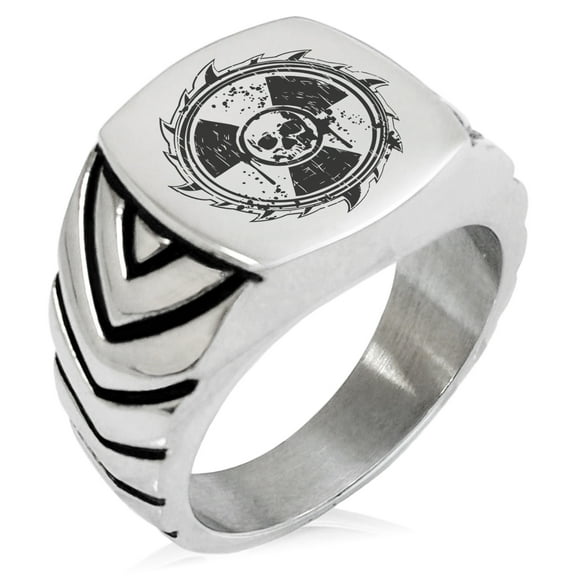 Stainless Steel Radioactive Sawblade Skull Chevron Pattern Biker Style Polished Ring