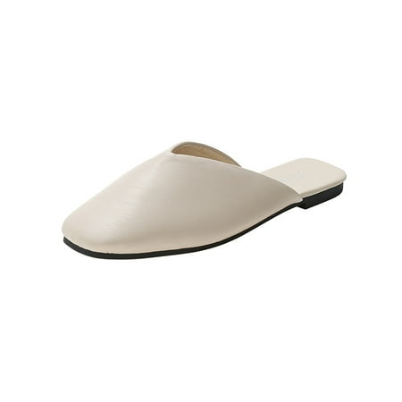 

Woobling Womens Clogs Square Toe Flats Slip On Mules Women Flat Shoes Anti-Slip Slides Casual Comfort Beige 9