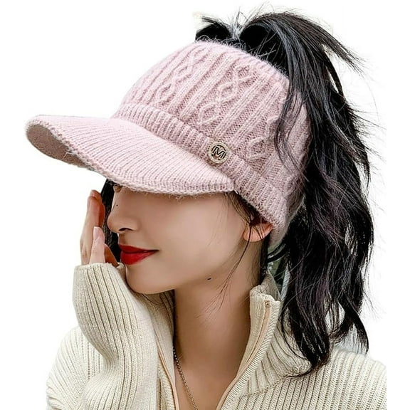 Knit Beanie Hat for Women High Bun Ponytail Skull Cap Stretch Winter Chunky Warm Visor Brim Crochet Hats