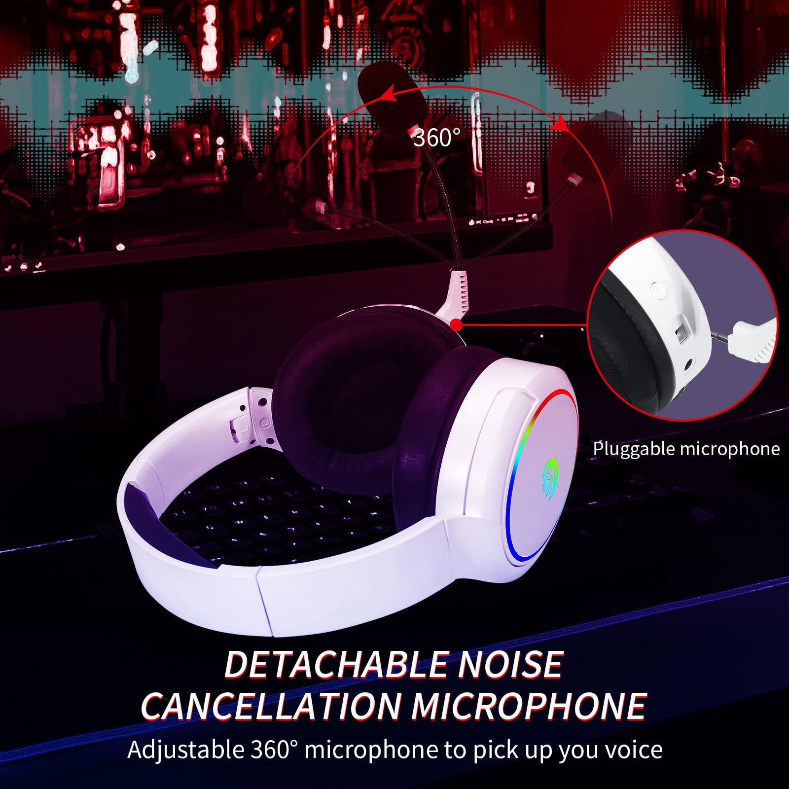 HUO JI 2.4G/Bluetooth Wireless Gaming Headset with Noise Cancelling Microphone, RGB Light, USB-C/USB-A/3.5mm Wired, Stereo Sound, Adjust Headband, Portable Foldable for PC,PS5, PS4, Xbox Series, White