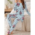 thumbnail image 3 of Women's Milk Silk Sleepwear Long Sleeve Pajama Set Sky Blue Vintage Rose 2 Piece Loungewear, 3 of 7