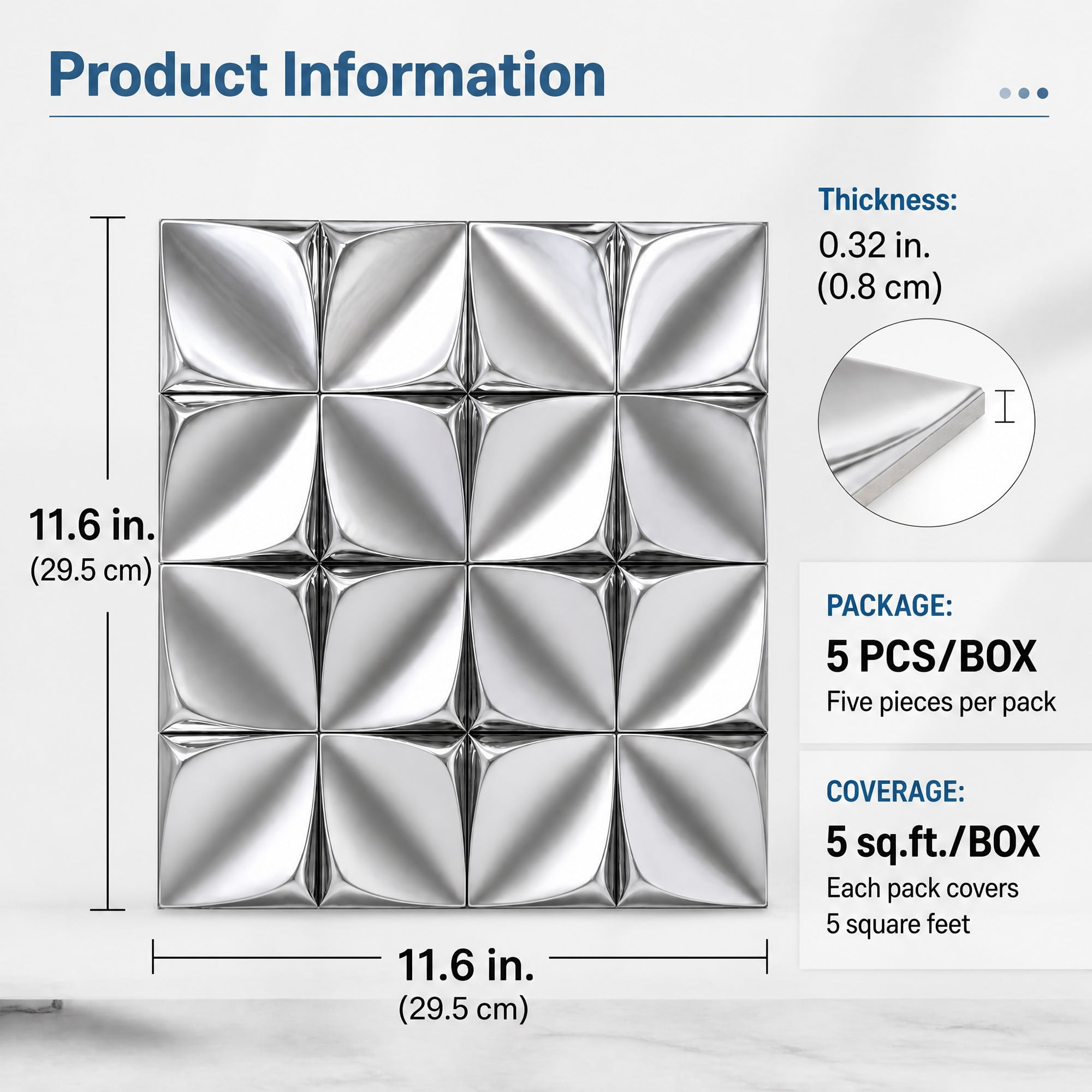 Easy4Home 5Pcs 12"x12" Metal Wall Panels Morden Mosaic Tiles for Interior Wall Decor, Silver