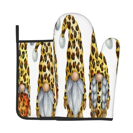 

KLL Leopard Gnomes Pattern Oven Mitts and Pot Holders 2pcs Sets for Kitchen Oven Mitt Heat Resistant 536°F Oven Gloves for Kitchen Cooking and Baking