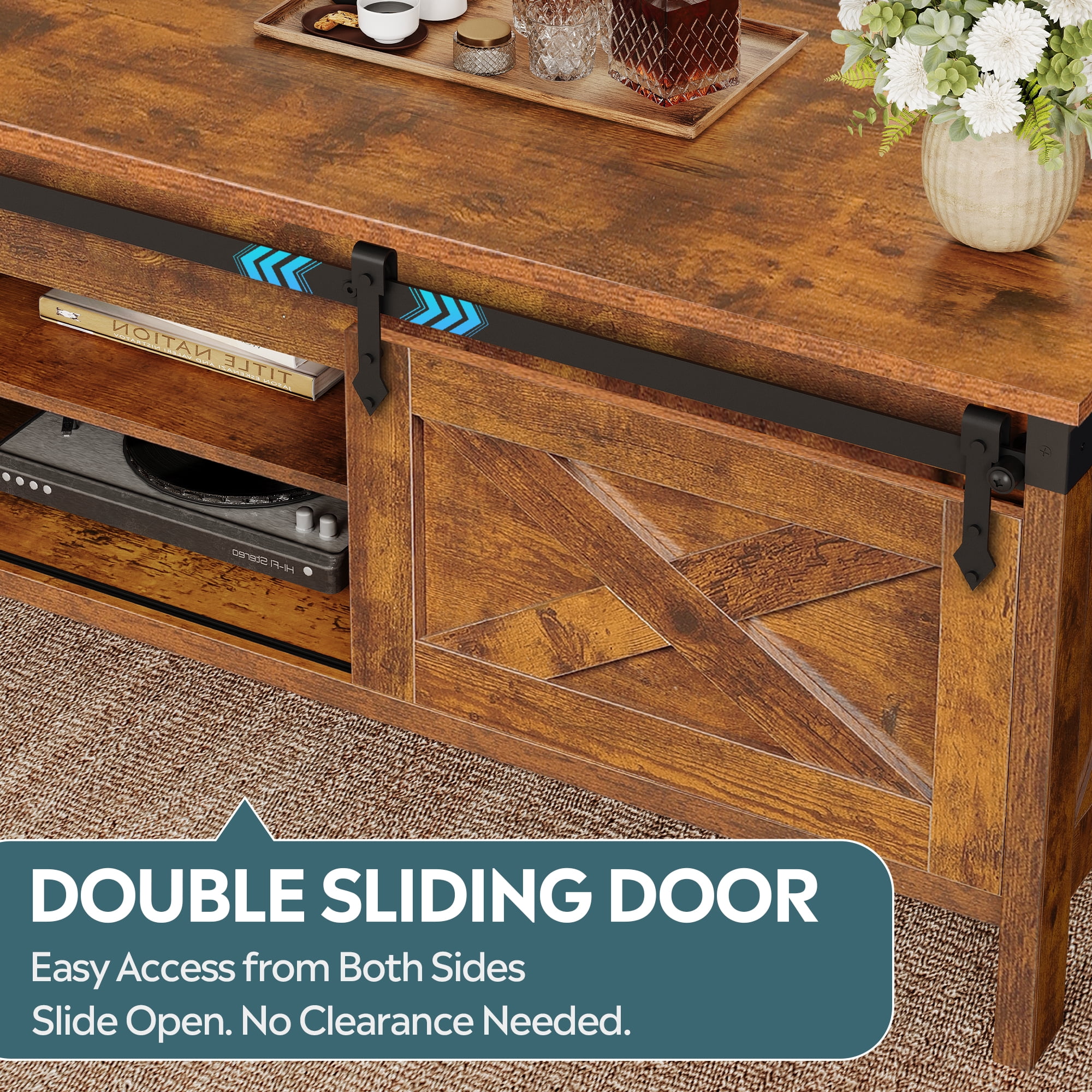 GALAXHERO 39.4" Farmhouse Large Coffee Table Lift Top Coffee Table with Hidden Storage Compartment Sliding Barn Doors Modern Wood Center Table for Living Room Rustic Brown