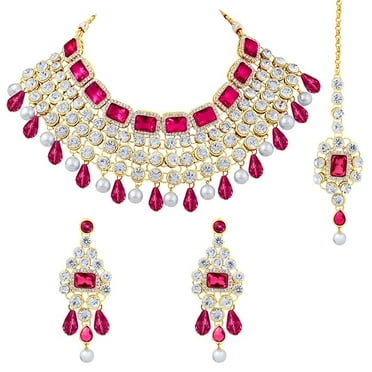Crystal Choker Necklace with Maang Tikka Earrings Indian Traditional Bridal Wedding Jewellery Set for Women