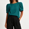 thumbnail image 7 of HongQid Women's Blouse Puff Short Sleeve Tops Crinkle Woven Round Neck Lightweight Shirt Loose Summer Casual Trendy Clothes, 7 of 7