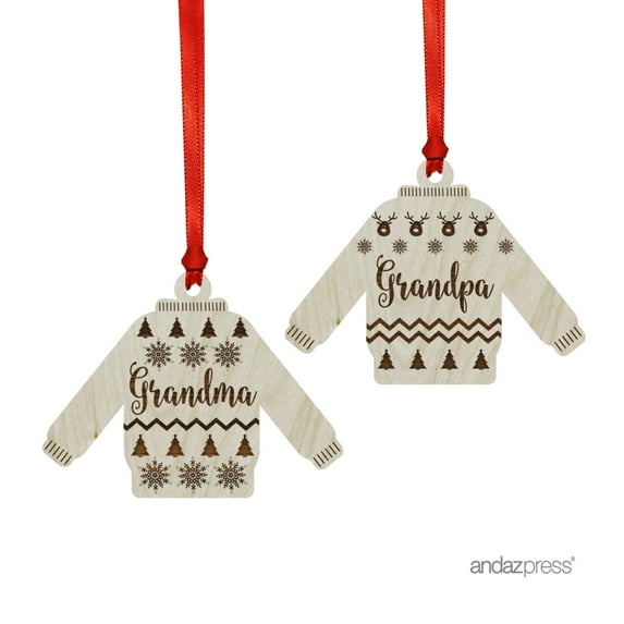 Funny Laser Engraved Wood Christmas Ornament with Gift Bag, Ugly Sweater Grandma Grandpa, Sweater Shape, 2-Pack