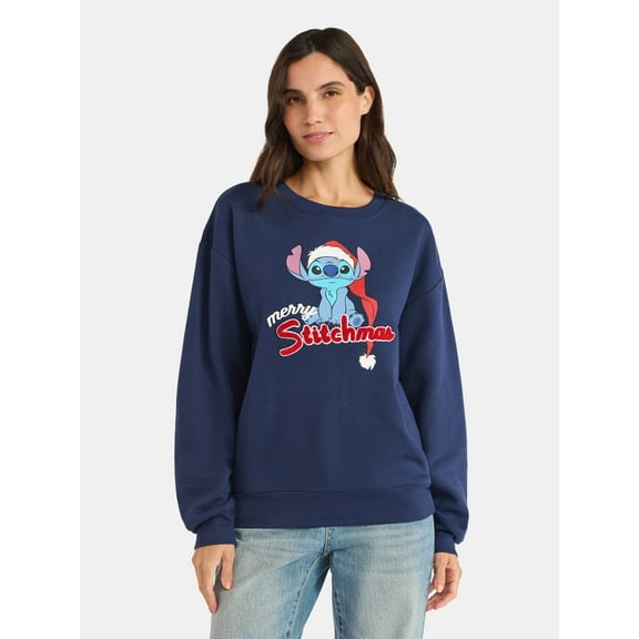 Disney Stitch Women’s Christmas Graphic Sweatshirt with Long Sleeves, Sizes XS-XXL