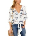 thumbnail image 4 of Previn Women's 3/4 Sleeve Blouse Boho Shirt Floral Printed Cotton Tie Front V Neck Top Summer Casual Soft Peasant White 16, 4 of 5