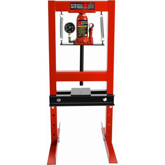 Acekid 12 Ton Hydraulic Shop Press - H-Frame w/Stamping Plates & Pressure Gauge - Adjustable Table for Car Repair - Red Strap (Model: 12T)