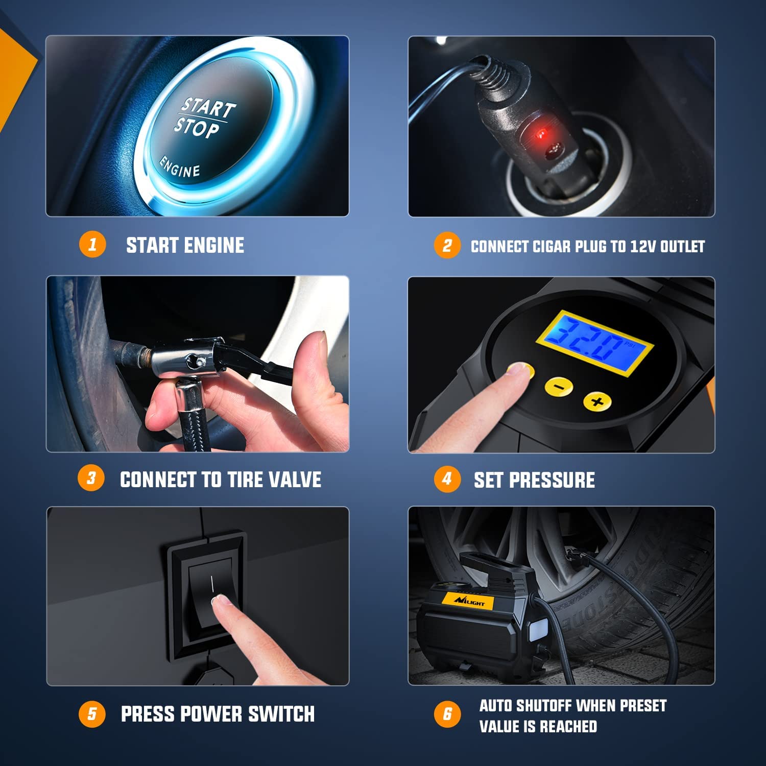 Nilight Tire Inflator Air Compressor Portable Air Pump for 12V DC Car Tires with Digital Pressure Gauge 150PSI Auto Tire Pump with LED Light for Cars ATVs Bicycles