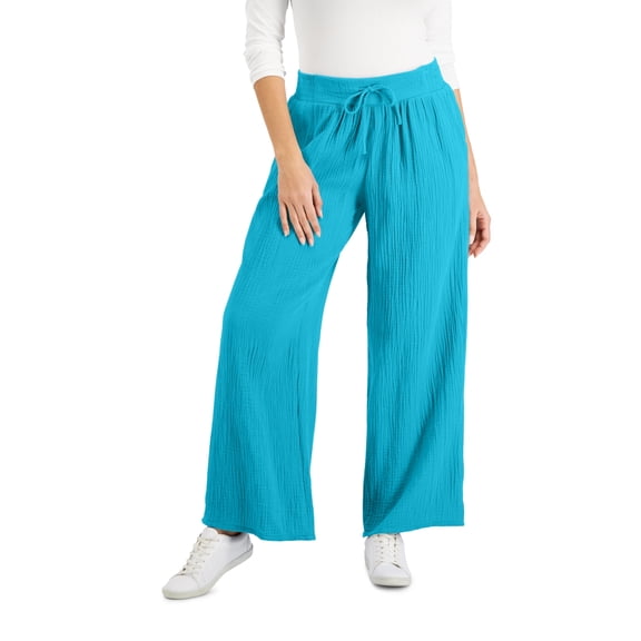 JM Collection Petite Cotton Gauze Wide Leg Pants Seafoam Blue PL