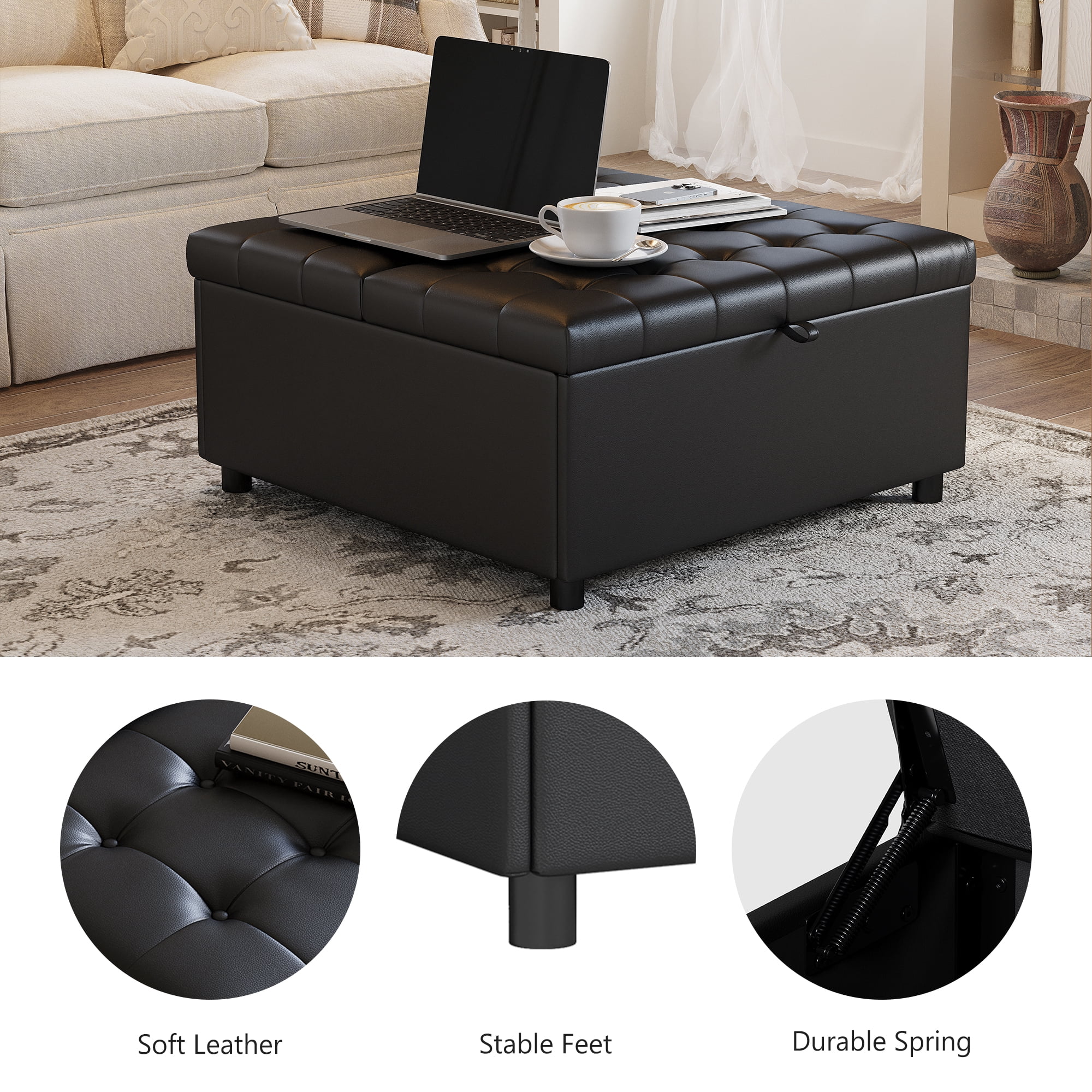 AODAILIHB Square Storage Ottoman, Storage Ottoman Coffee Table, Lift-up Large Square Footrest Stool, Black