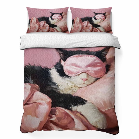 Quilts Queen Size Bedding Set, Pink Cat Lightweight Quilted Comforter, Vintage Funny Sleeping Animals Cute Soft Reversible Bedspread Coverlet with Pillow Covers for All Season, 90" x 96"