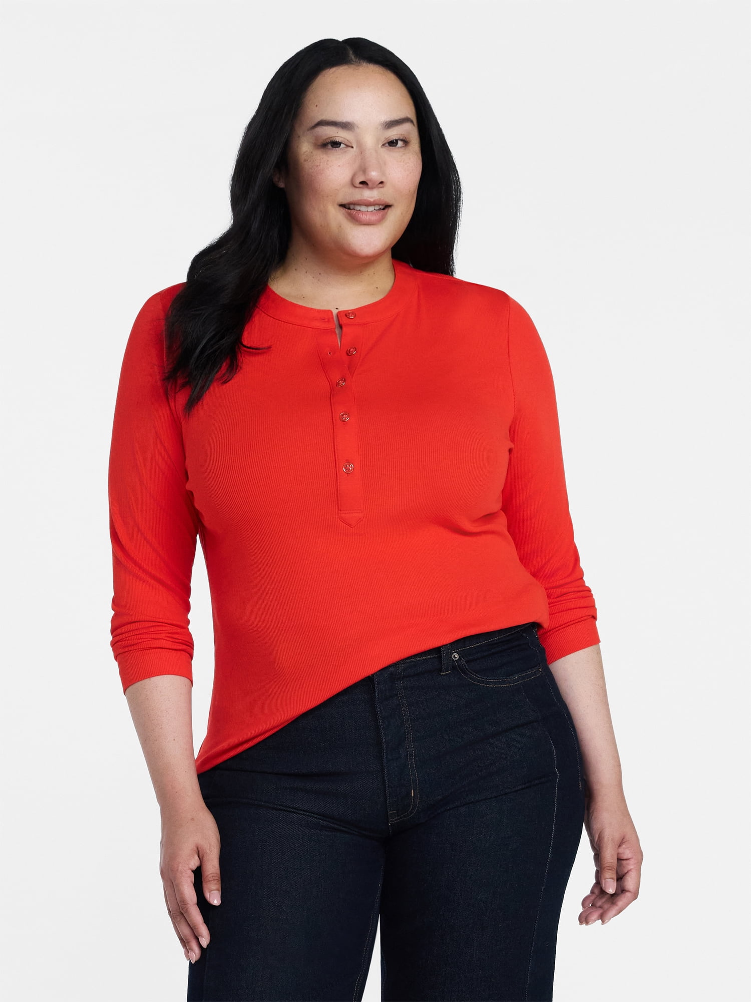 Time and Tru Women's Ribbed Henley with Long Sleeves, Sizes XS-XXXL