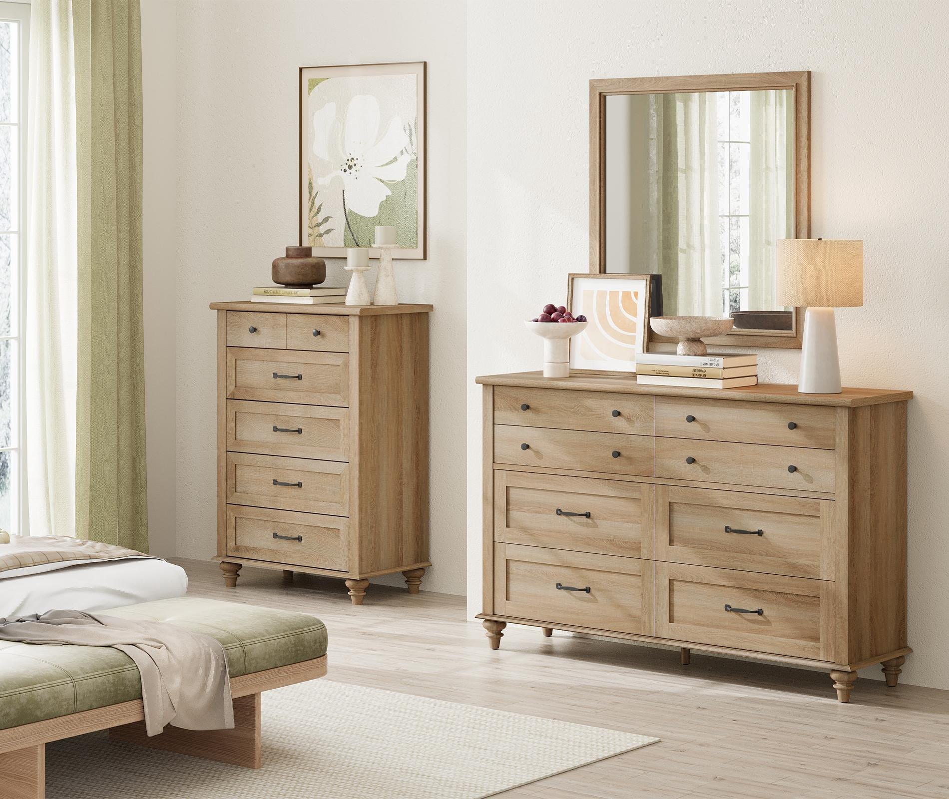 2 Piece Dresser Set, 8 Drawer Dresser & 5 Drawer Dresser, Wooden Storage Organizer for Bedroom Living Room, Oak